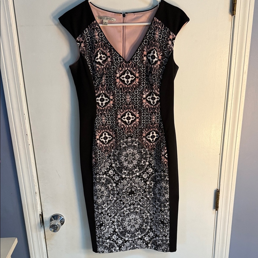 Maggy London Black and Pink Patterned Midi Dress